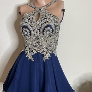 Sleeveless Navy Blue Rhinestone Dress For Sale
